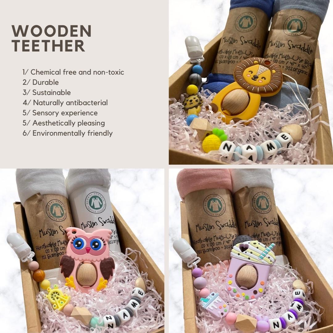 Muslin Swaddle with Customised Wooden Teether Gift Set