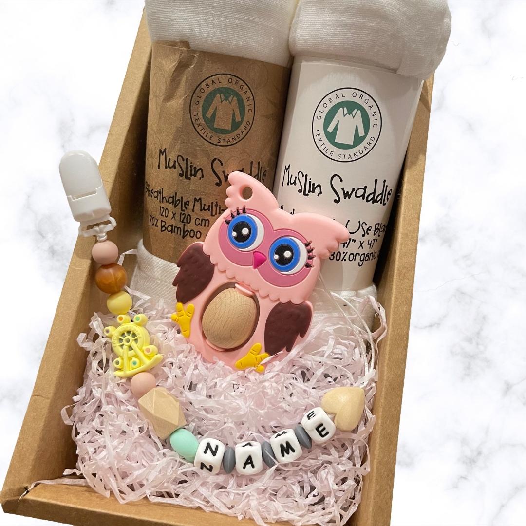 Muslin Swaddle with Customised Wooden Teether Gift Set